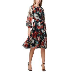 NWT Floral Chiffon Foil Long-Sleeve Dress Tahari 2P Polyester 8723